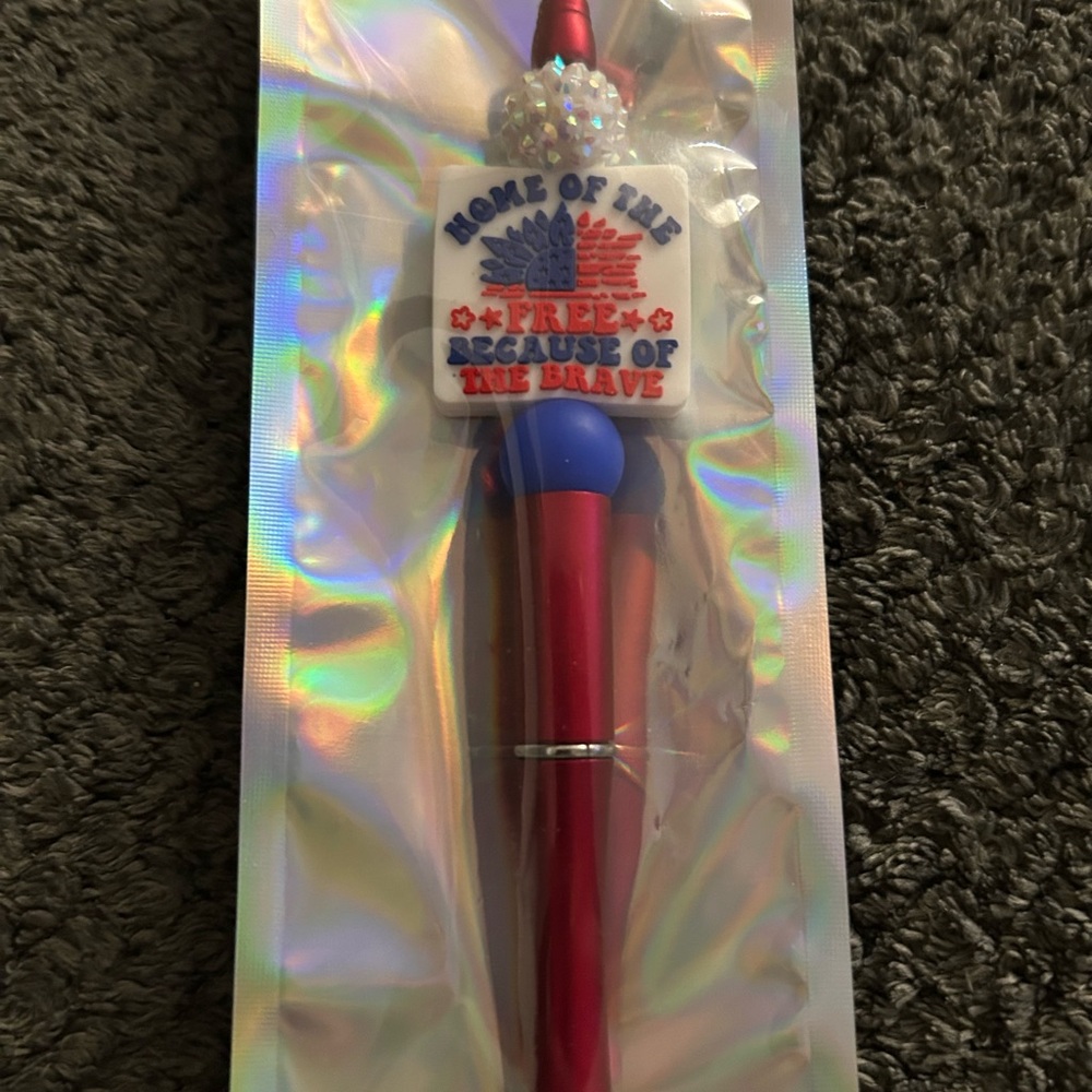Patriotic Red and Blue Pen with 'Home of the Free' Charm